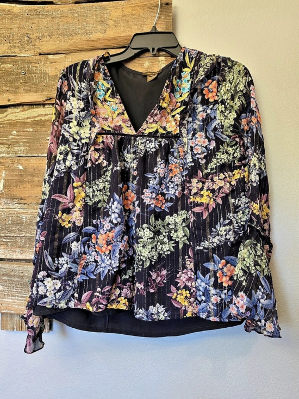 Vineet Bahl Size S Floral Metallic Stripe Boho Blouse Bell Sleeve Top